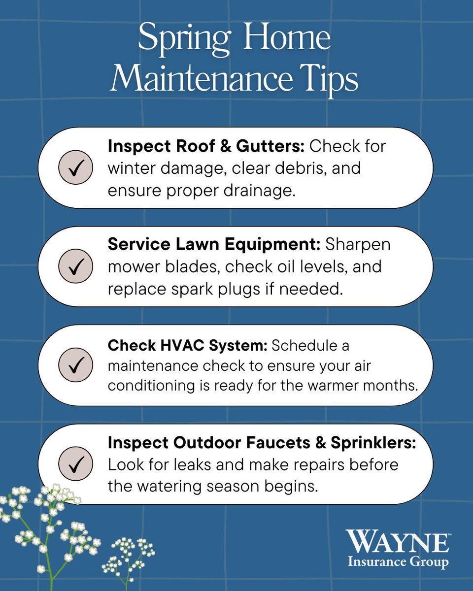 WayneInsGroup's tweet photo. Seasonal maintenance plays a big role in protecting your home long-term.
Use these simple spring tips to help prevent costly issues down the road.

#homeownership #springmaintenance #wayneinsgroup https://t.co/qq16kFX4j4