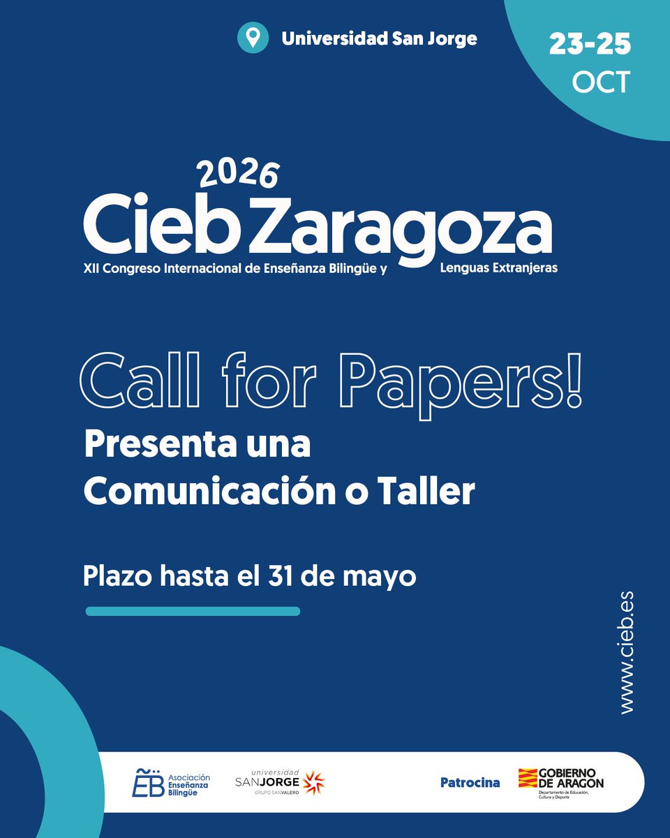 XGDC's tweet photo. XII Congreso Internacional de Enseñanza Bilingüe y Lenguas Extranjeras @CIEB2026 
Participa en el mayor congreso de @Ens_bilingue de España este año en @_usj_
Zaragoza, 23-25 octubre 2026
info: https://t.co/jxF3dyuV3x

No te lo pierdas - Te esperamos
#congresointernacional https://t.co/9ckSbk01XH