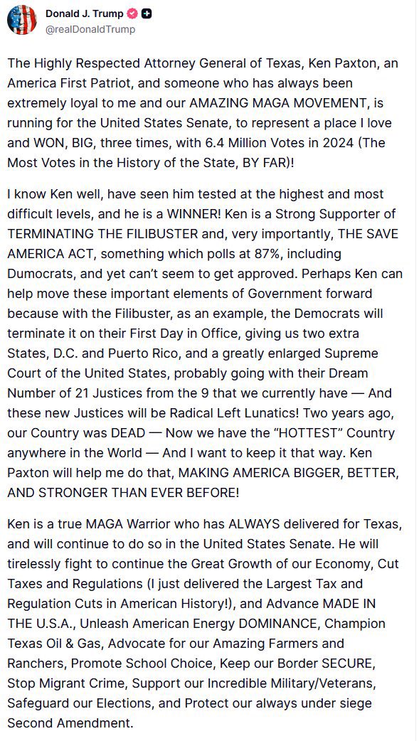 OpenSourceZone's tweet photo. Breaking: Trump Endorses KEN PAXTON https://t.co/VUOASwgwcF