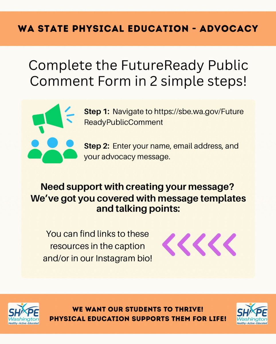 SHAPEWA's tweet photo. ACTION NEEDED! 🚨
It is imperative that the Washington State Board of Education Future Ready Task Force hear directly from Health and Physical Education teachers! The Task Force will make its first recommendations on Thursday, May 21, which means our voices need to be heard now! https://t.co/ObkjOaHz3U