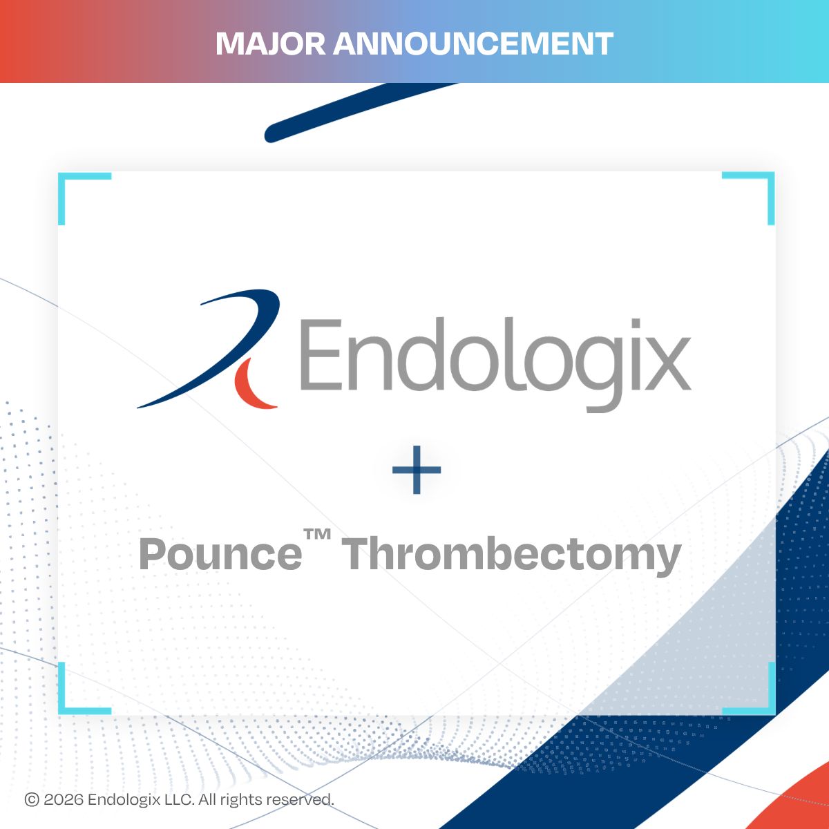 endologix's tweet photo. Major announcement - #Endologix has acquired the Pounce™ Thrombectomy System from Surmodics, Inc.
Pounce, a clinically differentiated mechanical #thrombectomy system for peripheral arterial clot, enables us to support a broader continuum of care for patients with peripheral vascular disease and complements our existing vascular intervention portfolio for the physicians who treat them.

Read the press release to learn more about this exciting expansion: https://t.co/Y3OZZ43MvO

#cardiotwitter #endovascularinnovation #medicalinnovation #endovascular #mycompany #pounceit