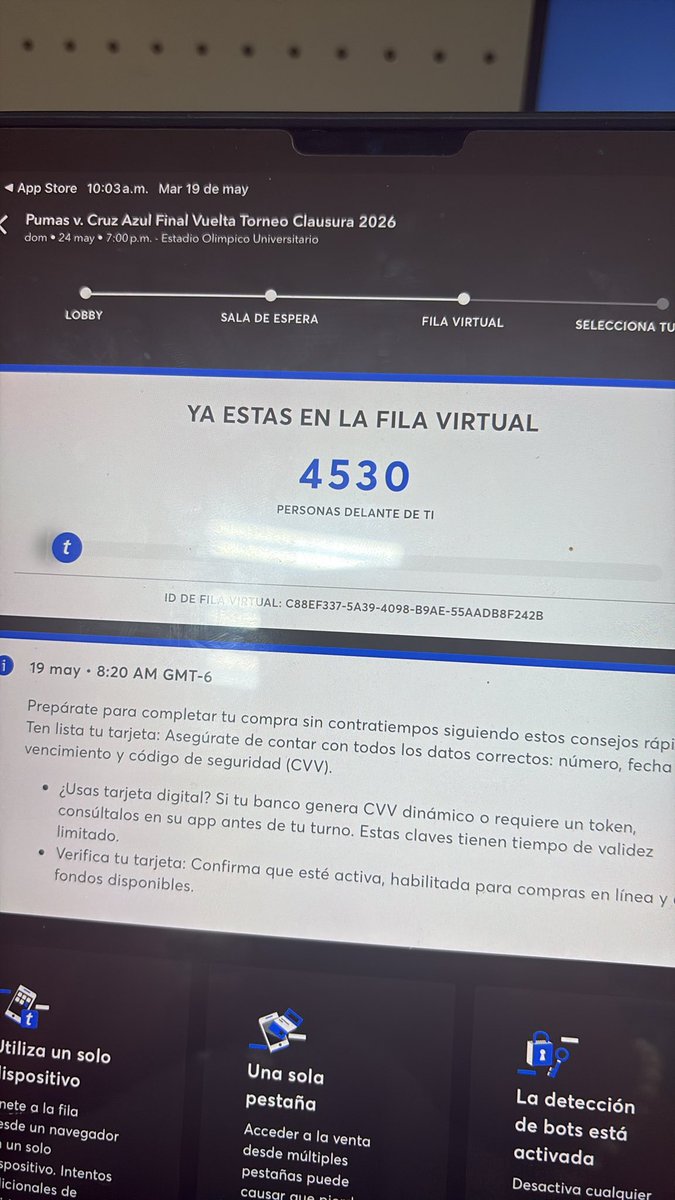 HctorAlfonso7's tweet photo. @Ticketmaster_Me @PumasMX @CruzAzul Bravo, ya era de los primeros y hoy decidieron que soy un bot, maravilloso servicio https://t.co/gX7jROCHjw