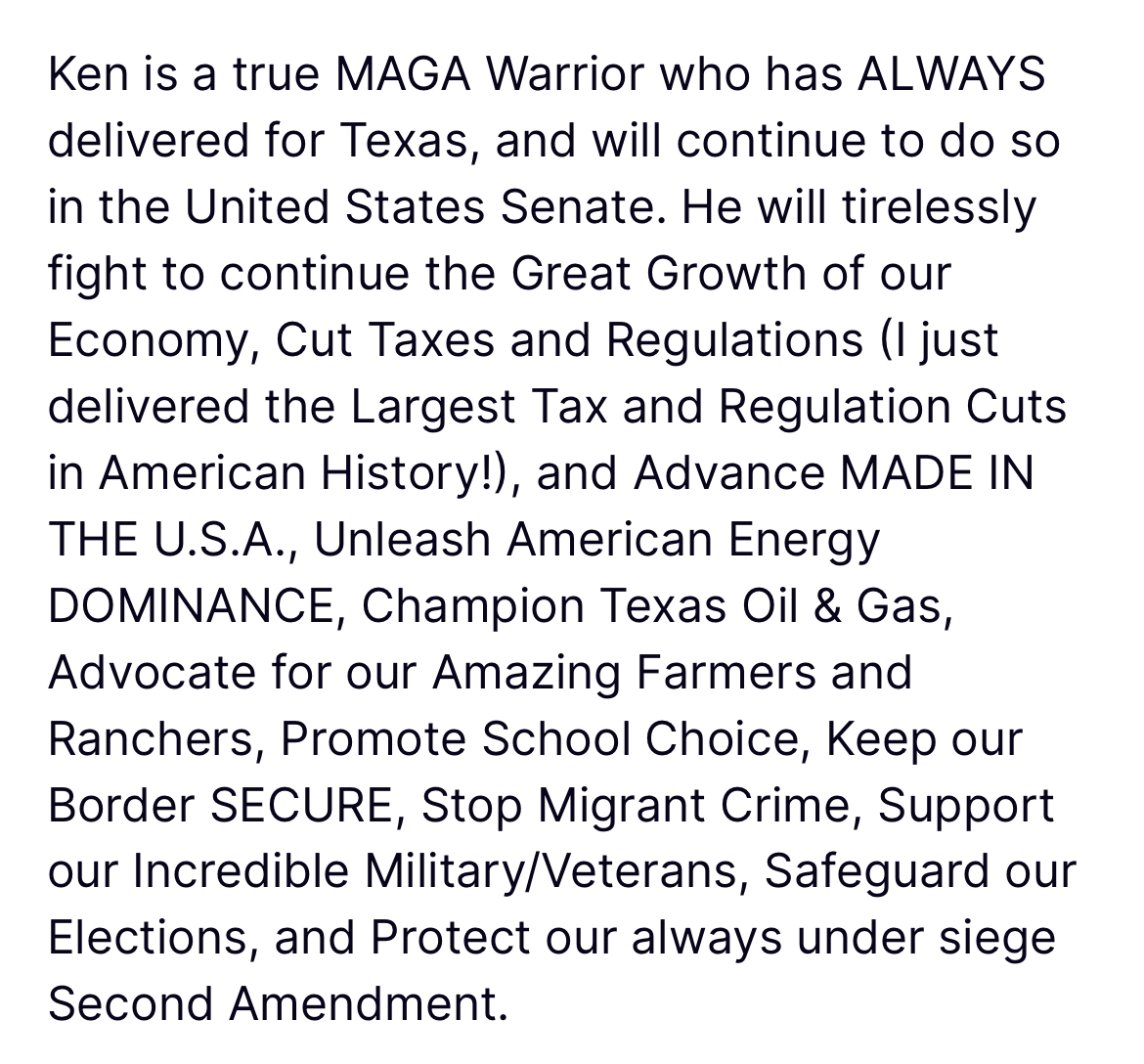 TeamTrump's tweet photo. 🚨 NEW COMPLETE AND TOTAL ENDORSEMENT OF KEN PAXTON FOR U.S. SENATE!    

TEXAS - VOTE FOR KEN IN THE RUNOFF ON MAY 26! THANK YOU FOR YOUR ATTENTION TO THIS MATTER! https://t.co/mkfRkC8WBZ
