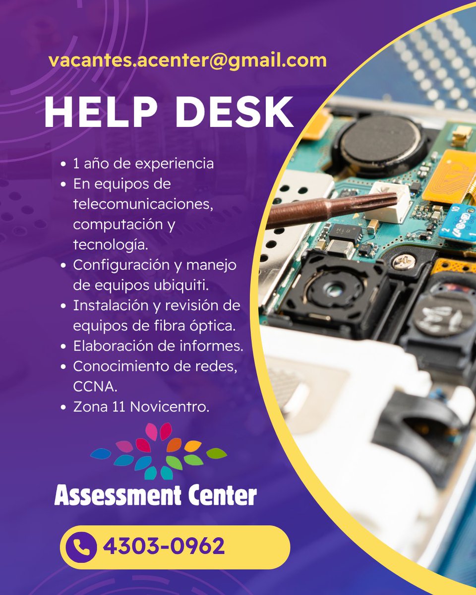 AssessmentC's tweet photo. ✅𝐇𝐄𝐋𝐏 𝐃𝐄𝐒𝐊 - zona 11 Novicentro
✅𝐀𝐒𝐄𝐒𝐎𝐑𝐄𝐒 𝐃𝐄 𝐓𝐄𝐂𝐍𝐎𝐋𝐎𝐆𝐈𝐀 - 𝐙𝐎𝐍𝐀 𝟗 𝐘 𝟏𝟏
📩 vacantes.acenter@gmail.com
📌 Información DM @AssessmentC
#PlazasVacantes #Personal #Empleo #RRHH #OportunidadLaboral #Trabajo #TrabajoSiHay #AssessmentCenter #Martes https://t.co/BtrSoBVnAR