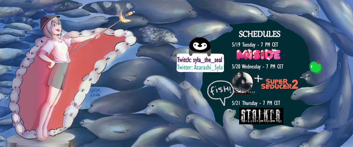 Azarashi_Syla's tweet photo. This week's schedules! 🍏🦭🍏#MiSide #PlagueTale #Stalker #SuperSeducer2 #ENVtuber https://t.co/xsMR1RXkei