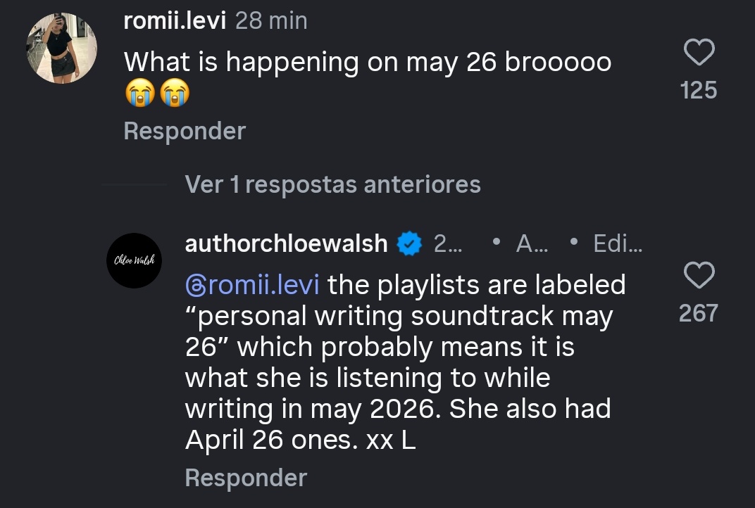 boysoftommenbr's tweet photo. 📲 | “O que vai acontecer em 26 de maiooooo 😭😭”

“As playlists estão nomeadas como ‘trilha sonora de escrita pessoal maio 26’, o que provavelmente significa que é o que ela está ouvindo enquanto escreve em maio de 2026. Ela também tinha umas de 26 de abril. xx L” https://t.co/eZMYi0LyQe