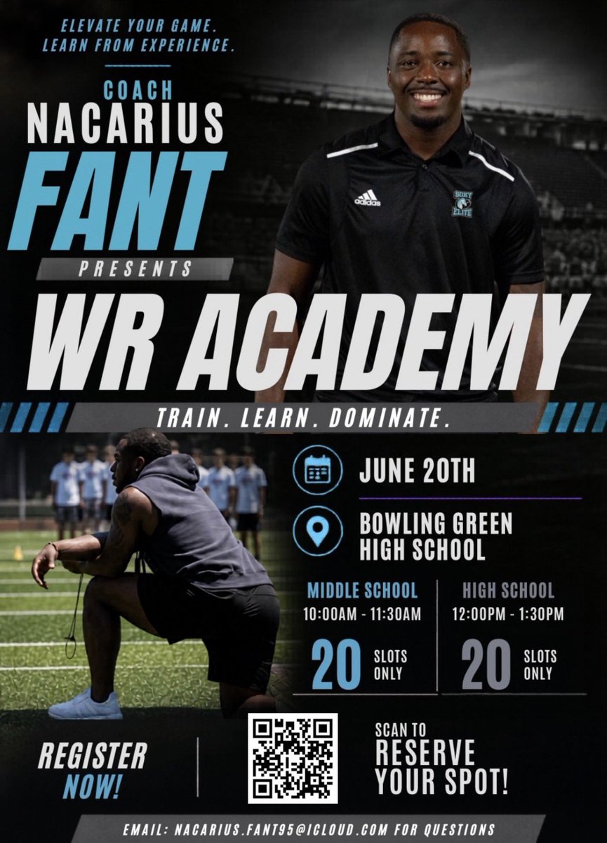 FantNacarius's tweet photo. 1 month away from the 1st Annual WR Academy held here in Bowling Green,KY. 

⚠️ Only 20 slots available per session(Middle School &amp; High School) 

Slots will fill up fast‼️

https://t.co/KT0lJKmQQ0 https://t.co/A4qlbE1aOI