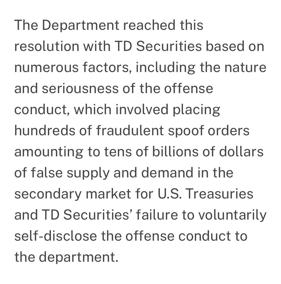 jenstilmanydots's tweet photo. Around the same time as that historic guilty plea, TD entered into a separate ‘deferred prosecution agreement’ with the DoJ regarding ‘tens of billions of dollars of false supply and demand in the secondary market for U.S. Treasuries’
#SorryEh 🇨🇦
https://t.co/rOiBlKi15I https://t.co/CGdGfuIocH