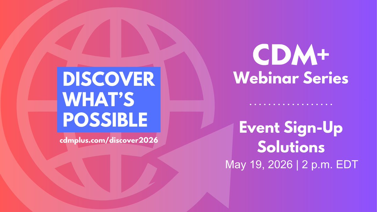 cdmplussoftware's tweet photo. Looking for event sign-up solutions? Don't miss out next Discover webinar, Event Sign-Up Solutions, happening TODAY (5/19) at 2 pm EDT. Create registrations in minutes, collect all the details you need, and keep everything organized. Sign up now! https://t.co/giiXcMrSF4 https://t.co/QzF9QR0Wxh