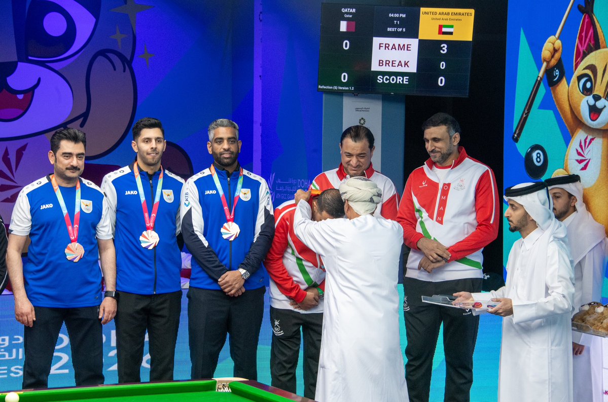 OmanOlympics's tweet photo. ✨ منتخبنا الوطني للسنوكر يحقق الميدالية البرونزية في منافسات الفرق، ضمن منافسات دورة الألعاب الخليجية الرابعة. 🥉👏🏻

#الدوحة2026 | #doha2026 https://t.co/JAaGcQO3xA