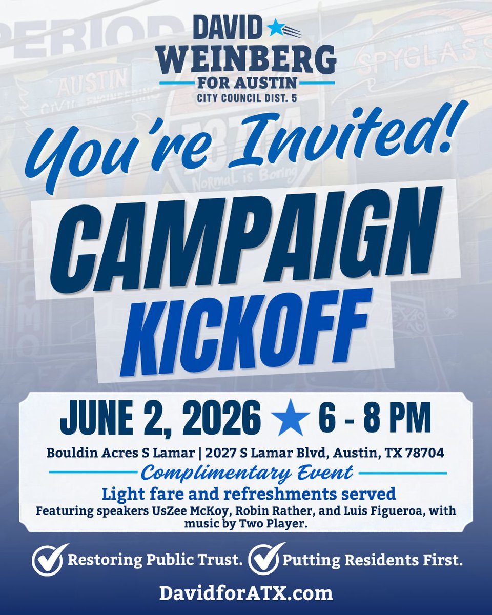 DavidForATX's tweet photo. Two weeks from today, we kick off this campaign!

I’d love for you to join me on June 2 from 6–8 PM for my campaign kickoff at Bouldin Acres. It’s time for real leadership that listens. 

I hope to see you there.

RSVP: https://t.co/U0KweSJFx7

#DavidForATX #AustinTX #District5 https://t.co/jEAHwYICi0