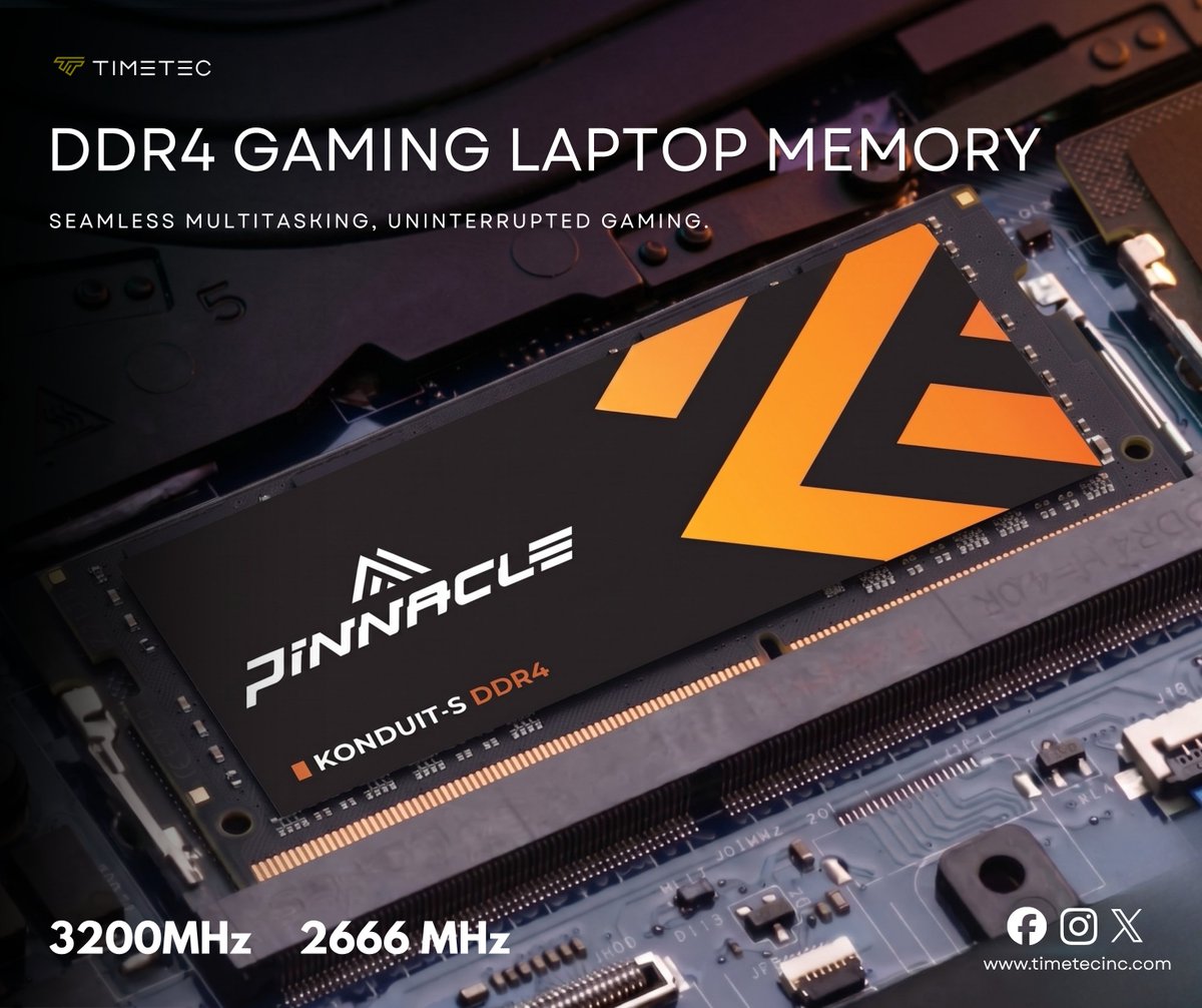 TimetecOfficial's tweet photo. Unleash your laptop's peak gaming power with the Pinnacle Konduit-S DDR4 Memory.  Delivering up to 3200MHz of pure, seamless multitasking performance.

Engineered for gamers. Upgrade your rig today.
👉https://t.co/PEYR5pPPvJ

#LaptopGaming #TechUpgrade #GamingSetup https://t.co/L7KgYQPdpc