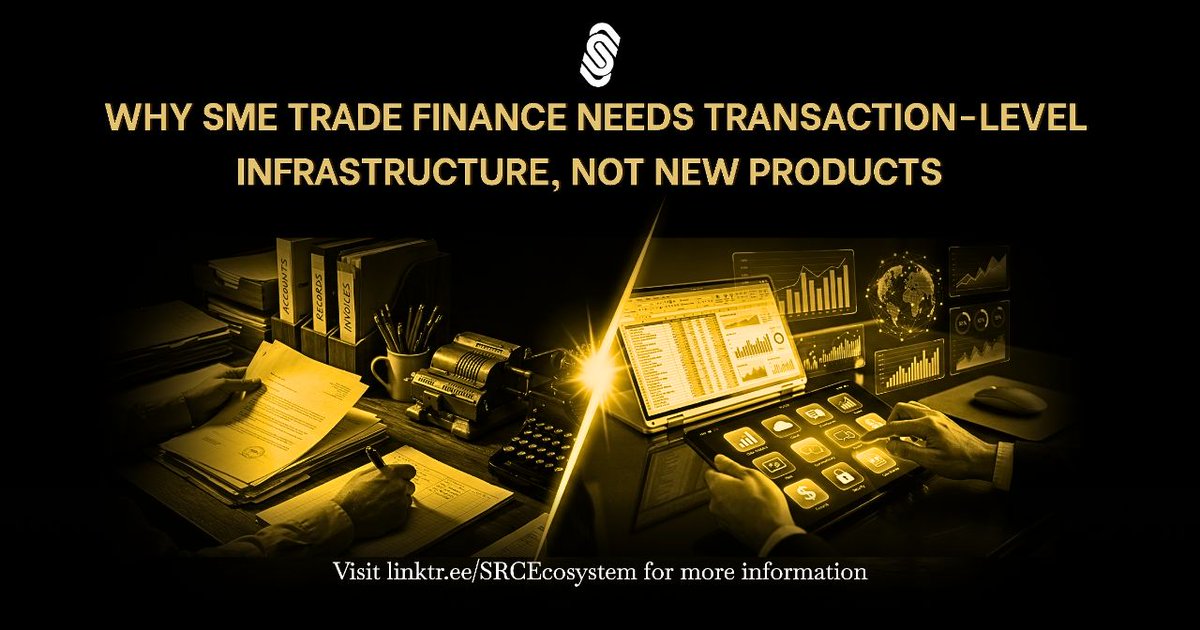 SRCEcosystem's tweet photo. SME #tradefinance doesn’t need more products.
It needs better infrastructure.
The bottleneck isn’t only capital. It’s execution:
– fragmented documents
– manual validation
– siloed stakeholders
– weak visibility into risk
More products on broken rails won’t fix the problem.
#RWA https://t.co/gj8YhN0U1E