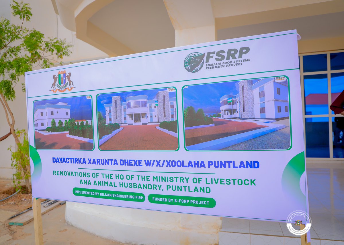 S_FSRP's tweet photo. His Excellency Said Jama Qoorsheel, Minister of Livestock and Animal Husbandry of Puntland, officially launched the foundation stone laying ceremony for the renovation and rehabilitation of the Ministry’s Headquarters. The project is financed through the Somalia Food Systems Resilience Project.