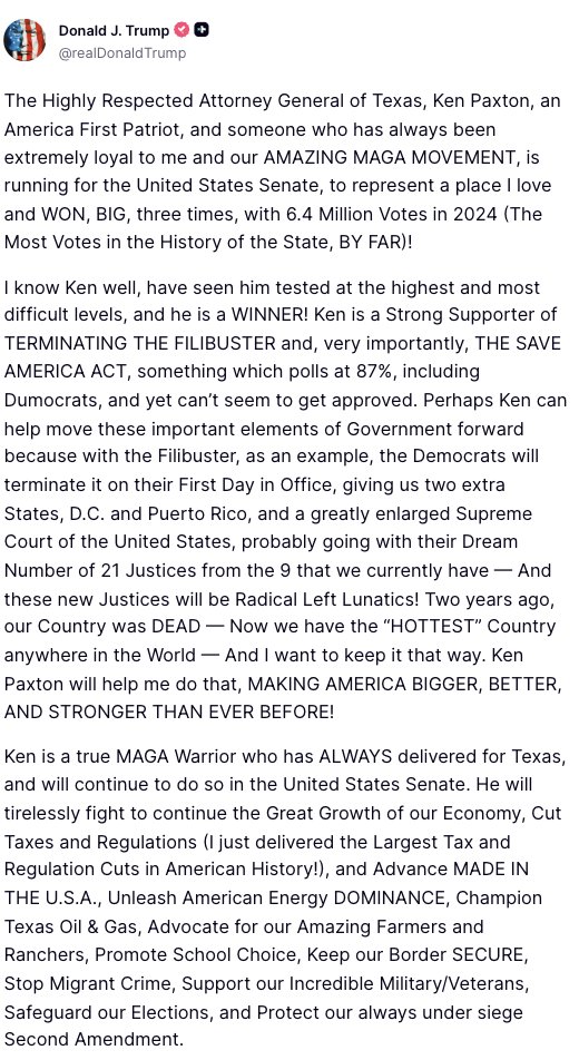 TangleNews's tweet photo. President Donald Trump has endorsed Texas Attorney General Ken Paxton against incumbent Senator John Cornyn. https://t.co/dCuSzatb5B