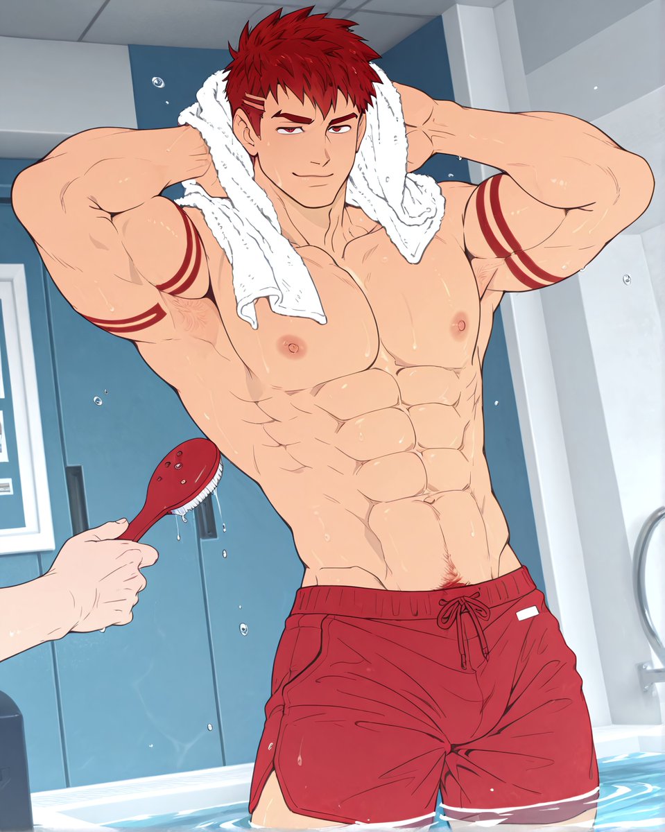 SnackJiSFW's tweet photo. Derek finished in first in a swimming competition and everyone tries to clean his body... :3 #jockstudio #anime #boy #man #gay https://t.co/Krc068hhvF