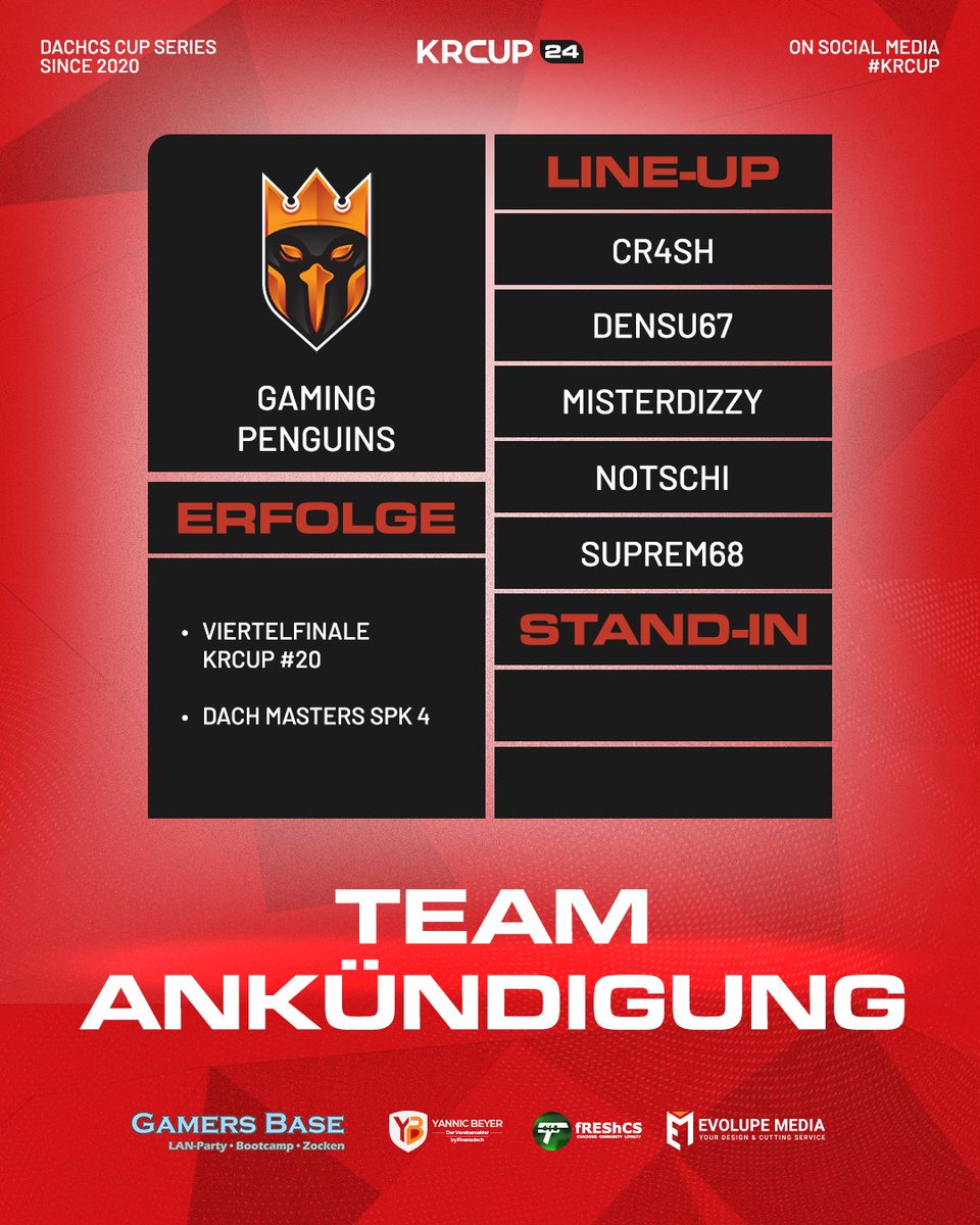 KRCup_de's tweet photo. [KRCup #24]

Unsere Nr. 8 ist wieder ein Team aus der Tierwelt! Uns freut es sehr, dass auch diesmal wieder die Pinguine beim KRCup vertreten sind.

Herzlich willkommen @GpenguinsCS! Hoffentlich watschelt ihr so niedlich über die Maps, wie die Tiere. Aber umschießen sollt ihr trotzdem, bitte.🐧

@suprem68 
@Notscchi
@Cr4shCS
@misterdizzy_ 

---
@fREShCS1 | @YannicBeyer | @GamersBaseBC |
@EvolupeMedia