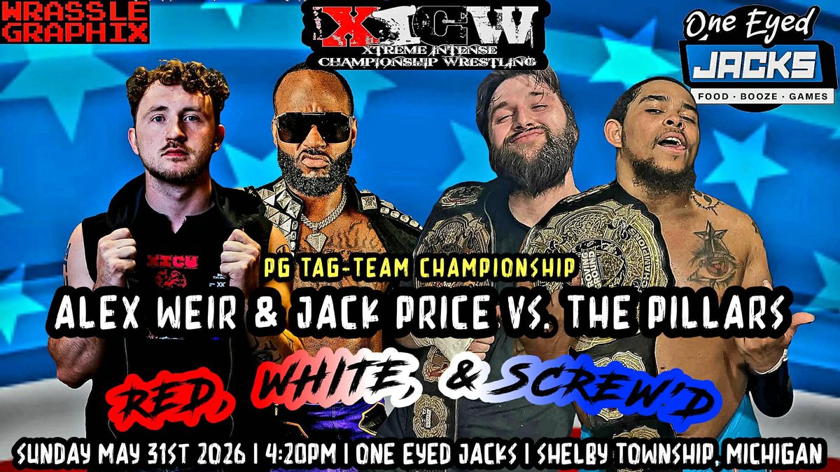 realXICWDetroit's tweet photo. May 31, get ready for XICW's return to SHELBY TOWNSHIP! Featuring:

The XICW debut of ECW legend @AlfonsoBill, who will accompany RHINO as he battles former friend DBA!

Plus, JACK PRICE teams with ALEX WEIR to challenge THE PILLARS for the tag straps!

https://t.co/osEmgYANH4 https://t.co/0783eec0ve