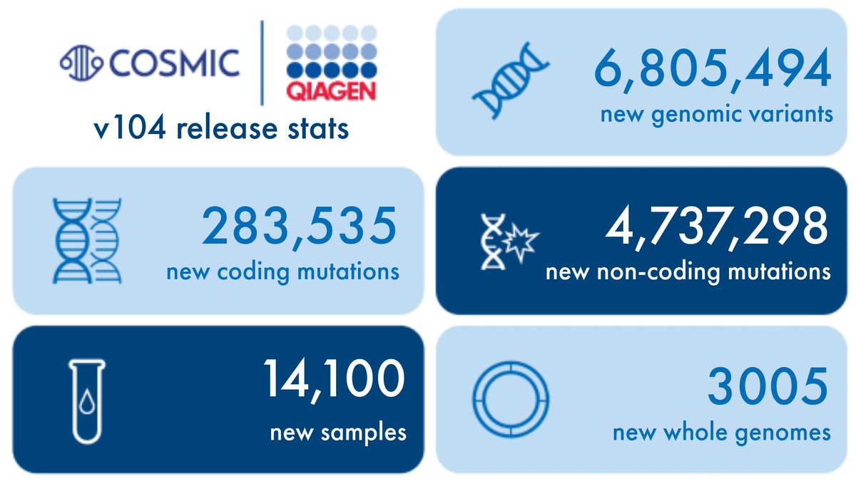 QIAGENBiox's tweet photo. Could this latest COSMIC update be the biggest one yet? 👀 Check out what this joint COSMIC v104 and Actionability v20 release brings 👉 https://t.co/ThuM6Nj7RX
 
⭐ 6.8M new genomic variants
⭐ 4.3M new non-coding mutations
and more!

#somaticmutations #cancerresearch https://t.co/hl8fyyG2u2