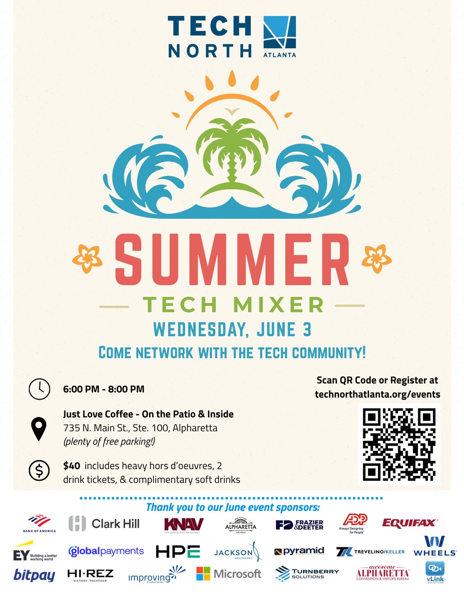 TechNorthATL's tweet photo. Our annual Summer Tech Mixer is coming up! Register today and join us on June 3 for this popular evening of tech networking, with great food and drinks, taking place at Just Love Coffee &amp; Café in Alpharetta!

Reserve your spot today:  https://t.co/ltuAkkuptc https://t.co/k0P4eUNFYo