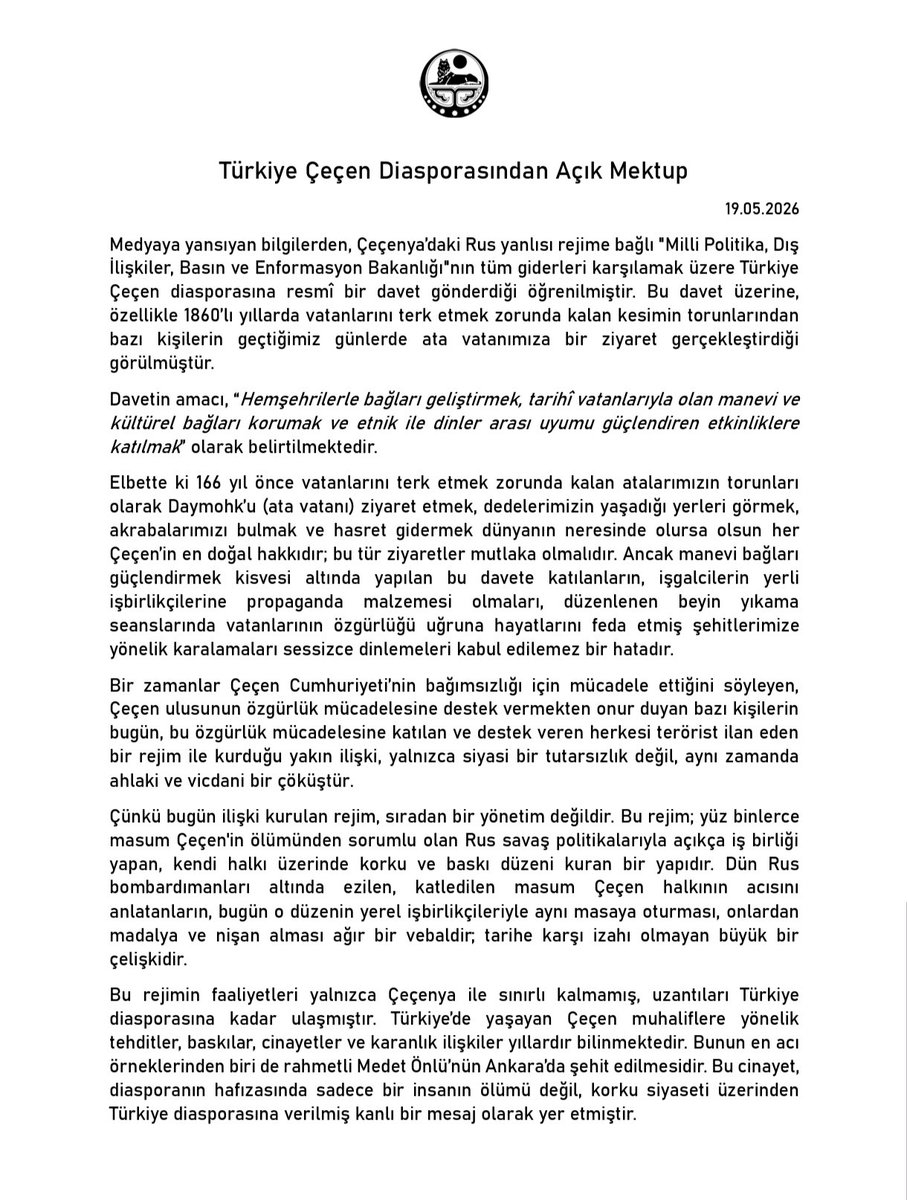 WaYNaKH's tweet photo. #Türkiye #Çeçen Diasporasından Açık Mektup : Tarih bazen insanları söyledikleri sözlerle değil, ne zaman ve kimlerin yanında durduklarıyla yazar. Ve hiçbir madalya, hiçbir resmî davet, hiçbir propaganda görüntüsü hakikat karşısında vicdanları susturmaya yetmez. https://t.co/C1AXiqgUq5