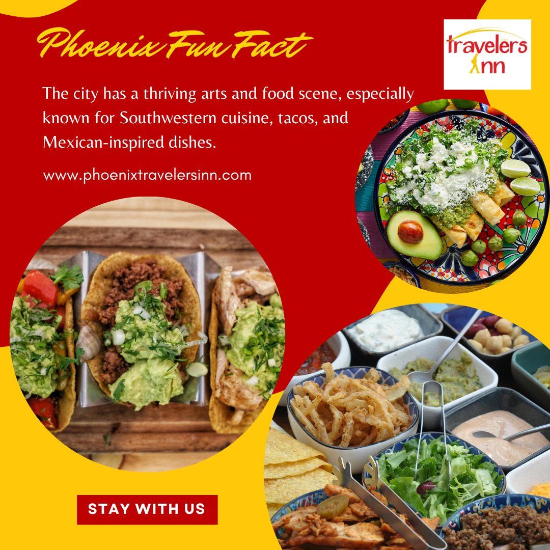 TInnPhoenix's tweet photo. VISIT &amp; EAT 🌮🌵
Explore Phoenix and enjoy amazing Mexican food—then relax with a comfortable stay.

🌐 https://t.co/sA1sOd1WZG
BOOK NOW

#TravelersInnPhoenix #PhoenixAZ #MexicanFood #FoodieTravel https://t.co/Pb9os9LtaK