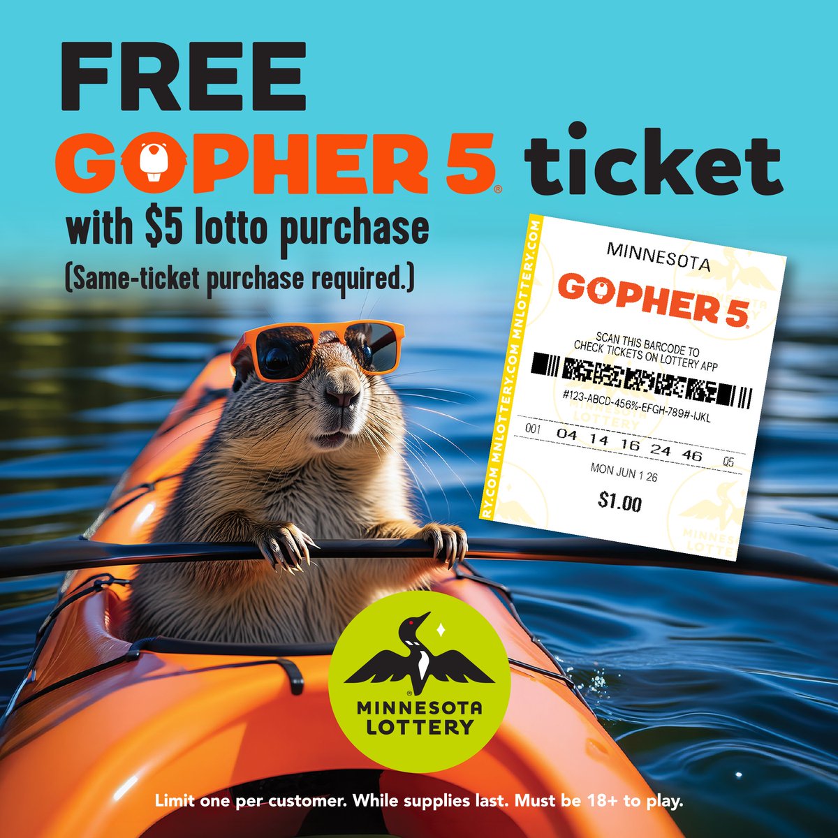 mnlottery's tweet photo. Up for fun? Receive a FREE $1 Gopher 5 ticket when you buy $5 in lotto tickets when you stop by Cenex Convience Center of Grand Rapids, Northern Star Co-op – Cenex in Deer River or Remer Junction in Remer. 

Get all the details: https://t.co/WmxhtuGG9B https://t.co/4BNHeqipGY