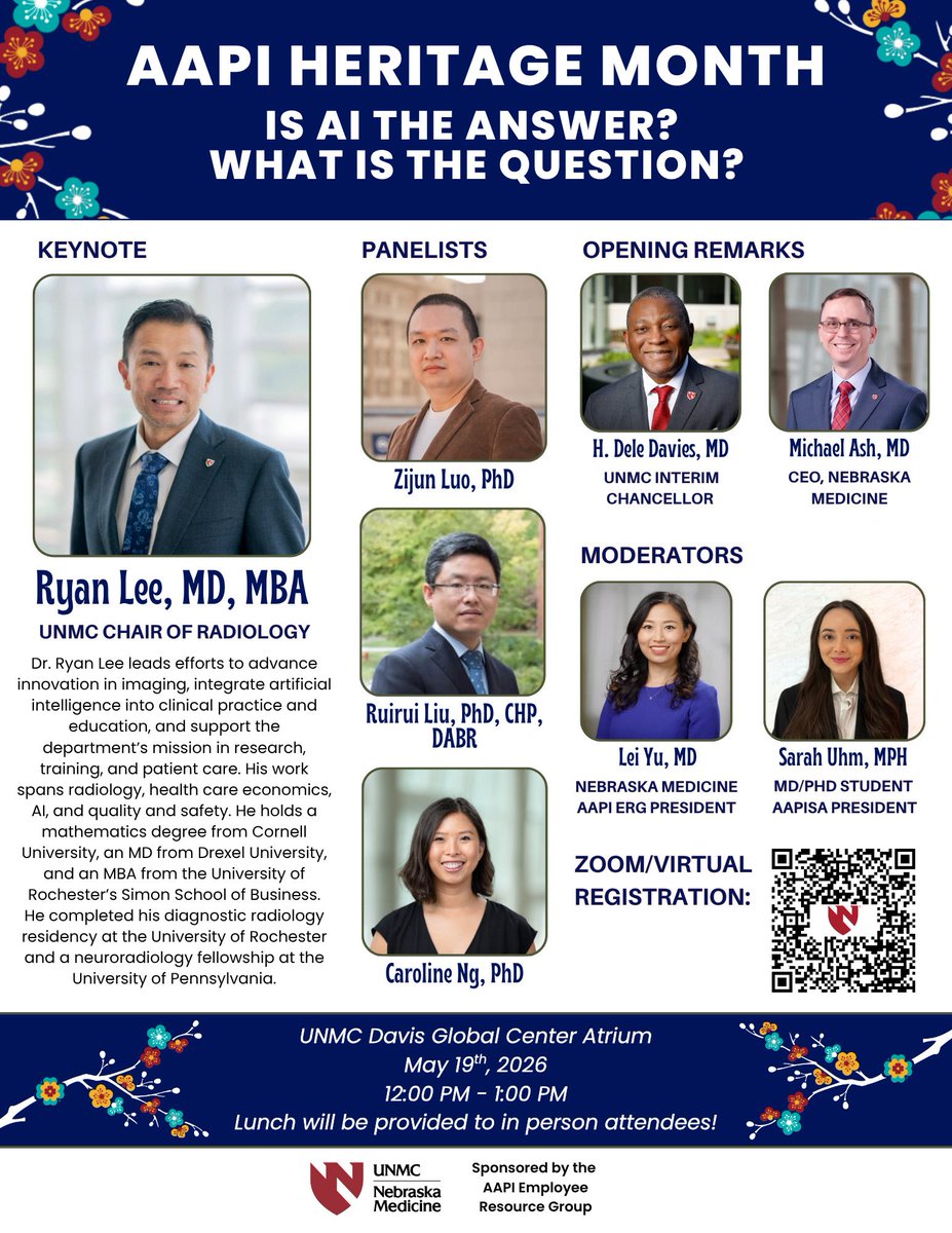 leileiyu_'s tweet photo. Join us at noon today for @unmc and @NebraskaMed #AAPIHM keynote event at Davis Global Center! We will talk about #AI Lunch provided! https://t.co/Bfpcvz9air