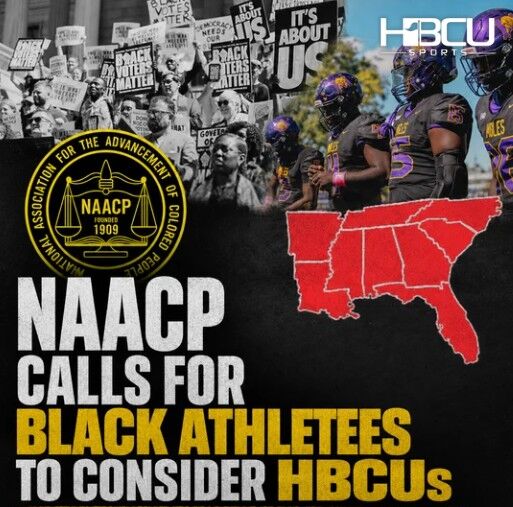 HBCUSports's tweet photo. The NAACP is calling for Black athletes to withdraw financial support and labor from universities in states that have moved to limit, weaken, or erase Black voting representation.

READ: https://t.co/nhIuXP3Tom https://t.co/8saWVihOan