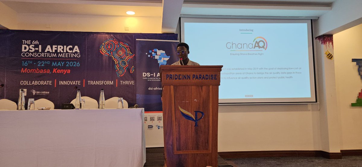 AmegahLab's tweet photo. @attey_yeboah presented the GhanaAQ App during the Resource Café session at the  #DSIAFRICA2026  Meeting. This was an opportunity to increase awareness on air pollution exposure effects &amp; present relevant &amp; applicable solutions geared towards improving air quality. #BreatheAccra https://t.co/mKGty6n4dG