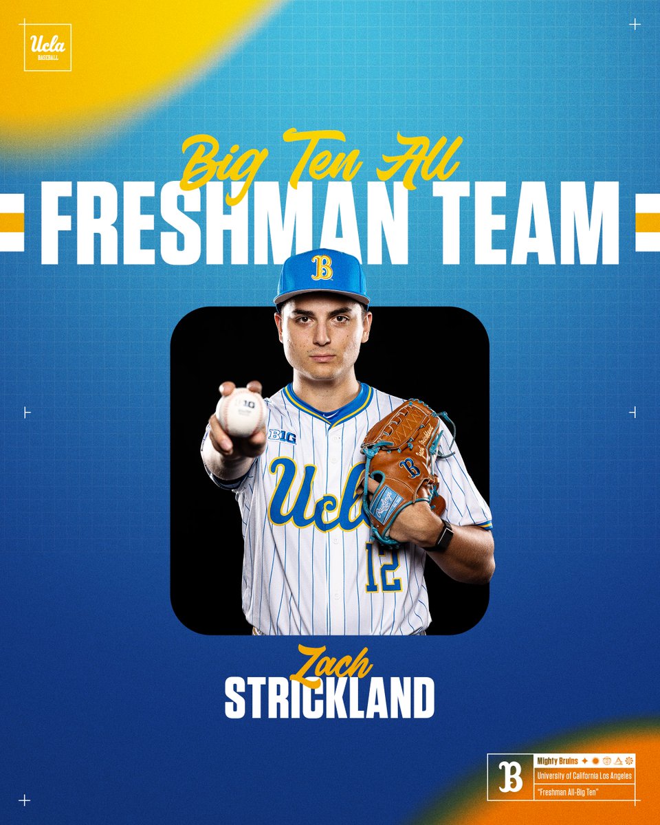 UCLABaseball's tweet photo. After an outstanding debut season on the mound, Zach Strickland is named to the @B1Gbaseball All-Freshman Team!

📰https://t.co/XQJFyTfnDC 

#GoBruins https://t.co/Adrs5V7ow3