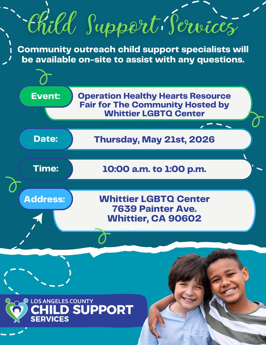 CSSDLA's tweet photo. Connect with @cssdla in Whittier at the Operation Healthy Hearts Resource Fair on Thursday, May 21st, from 10 a.m. to 1 p.m. A child support specialist will be on hand to answer ALL your child support questions and assist with your case. See you there! #childsupport #Whittier https://t.co/WtKHV6PMzP