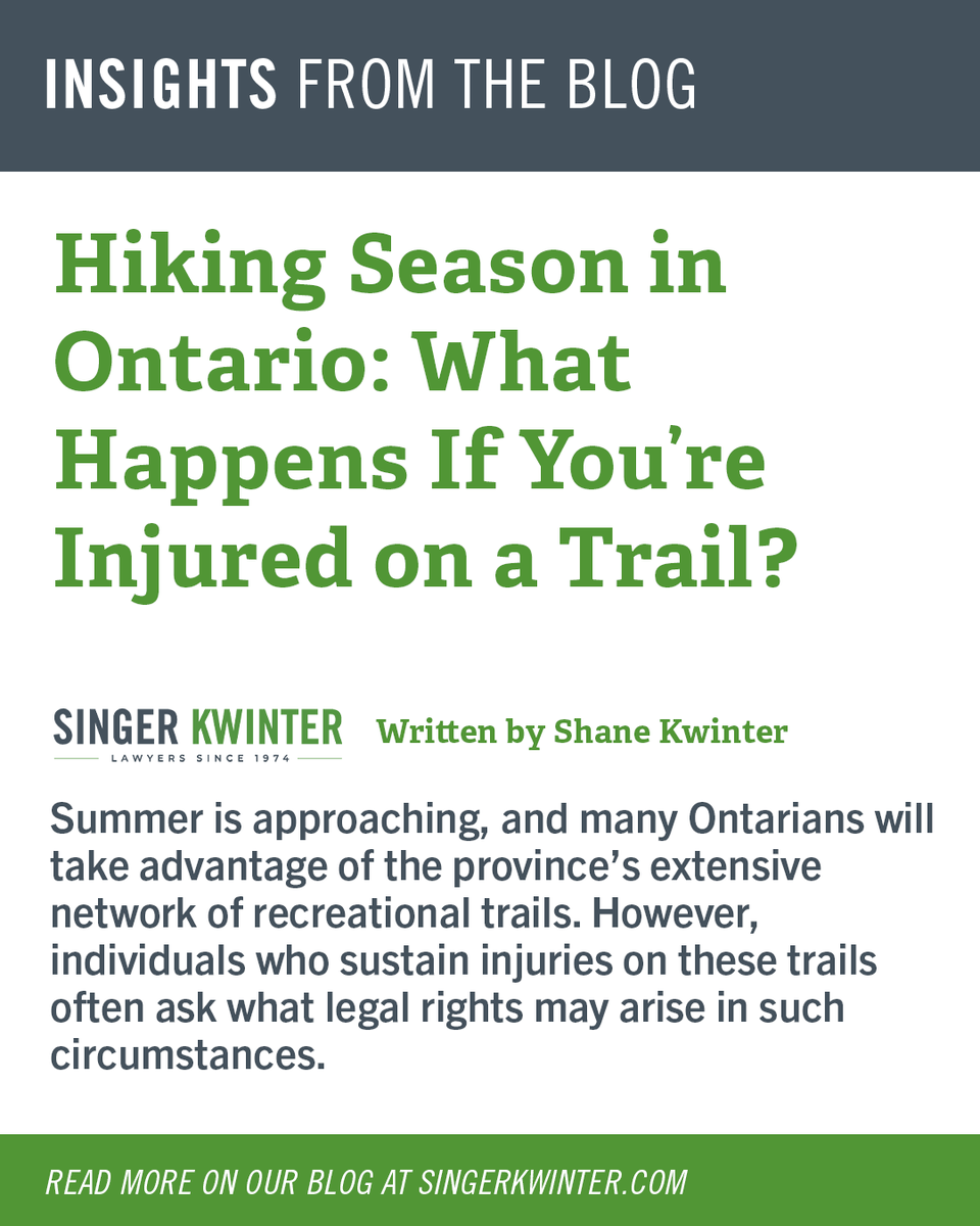Singer_Kwinter's tweet photo. Hiking season is here! Did you know if you're injured on a public trail in Ontario, you often have only 10 days to file a claim? 

Success depends on trail maintenance vs. hiker actions. Don't let a legal detail derail your recovery. 

Read more: https://t.co/3xdAdDtIu6 https://t.co/fv7w4wbVrY