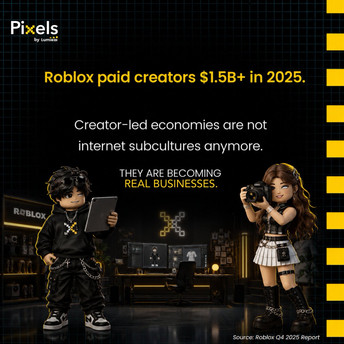 Lumikai's tweet photo. The next generation of creator-led commerce, fashion, and AI is here.

Roblox now sees 150M daily active users and paid out $1.5B+ to creators last year.

We believe the internet’s next iconic brands and digital IP will emerge from virtual worlds.

More soon.

#UGC #AI https://t.co/t7DmvAYkNd