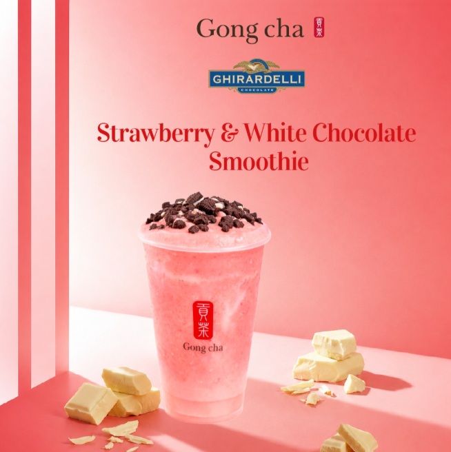 CONFITEXPO2026's tweet photo. Strawberry &amp; White Chocolate Smoothie: nueva colaboración entre Gong cha y Ghirardelli

Esta bebida combina la cremosidad del chocolate blanco con notas frescas de fresa, creada para quienes buscan un antojo premium.

https://t.co/6xizPQYGtn https://t.co/d325rslOkB