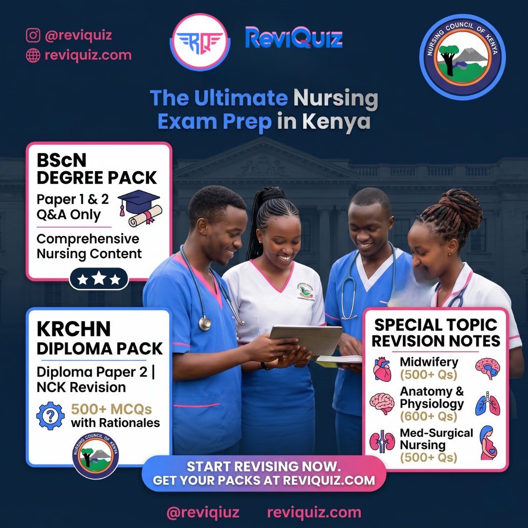 ReviQuiz's tweet photo. The ultimate nursing exam prep in Kenya is here! ��🇪 Get your BScN &amp; KRCHN packs, 500+ MCQs, and revision notes. Start revising today! 👉 https://t.co/mvDsWlaQe4 #Nursing #Kenya #ExamPrep #ReviQuiz #NCK https://t.co/NOzkxOsFn2