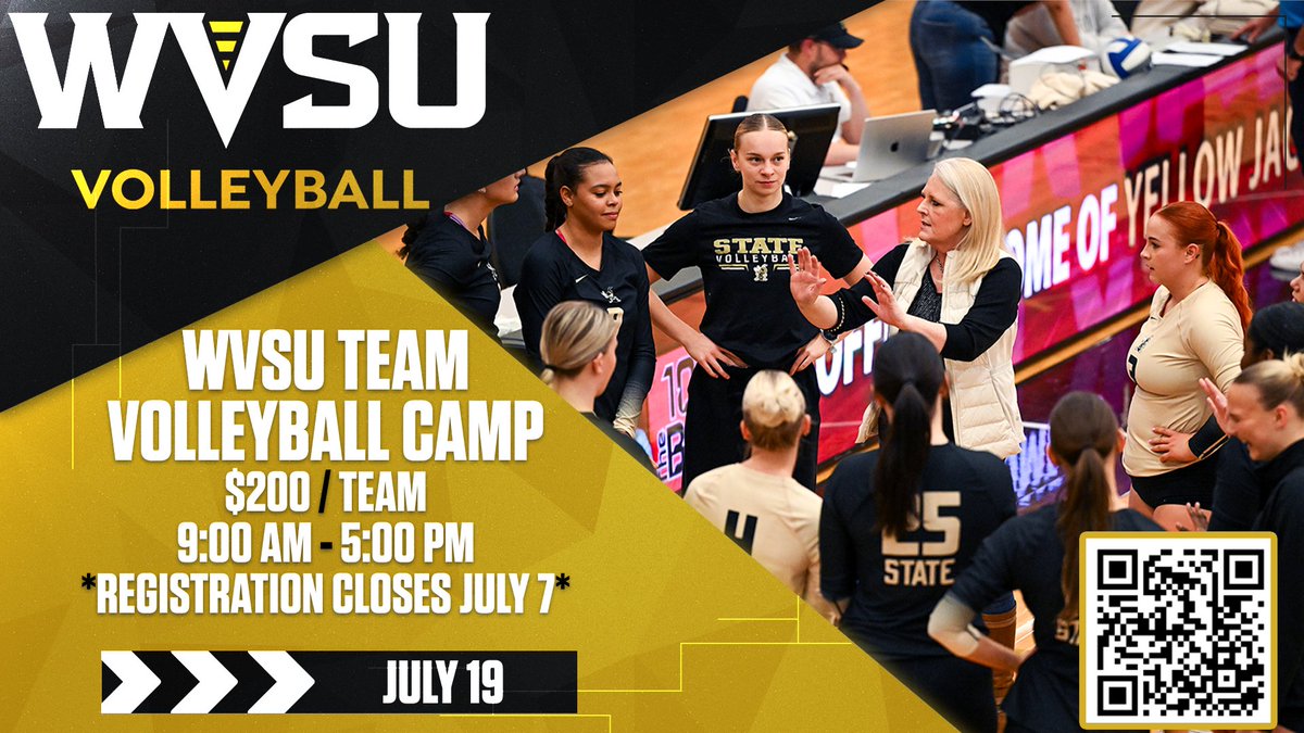 wvsuathletics's tweet photo. 🏐| WVSU Volleyball Camp spots are filling up! Use the QR code provided to reserve space for your team!

📅 July 19 – Team Camp
📍 WVSU Walker Convocation Center
🎽 Camp T-Shirt Included
⏳ Registration closes July 7 https://t.co/AjFktptRSu