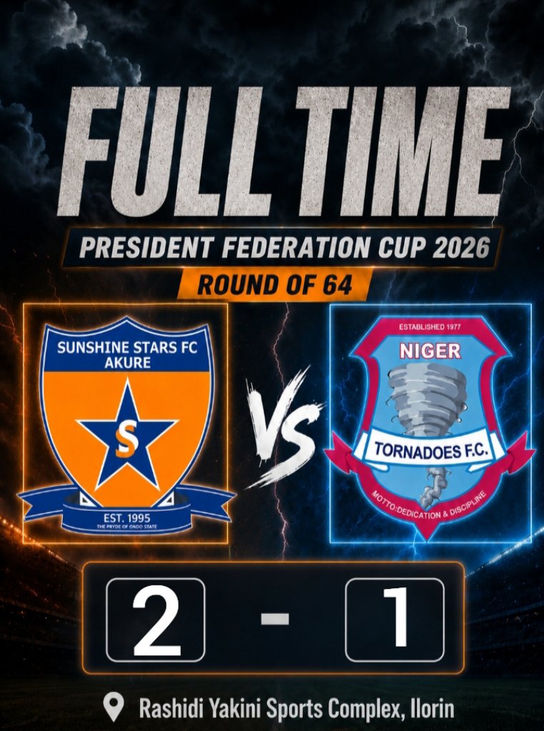 NigerTornadoes's tweet photo. ⏰FT|

IT'S ALL OVER HERE.

Sunshine Stars (U19)🔴2-1🔵Niger Tornadoes 

#PresidentFedCu26 || #Round64 https://t.co/WtHnFL7t8F