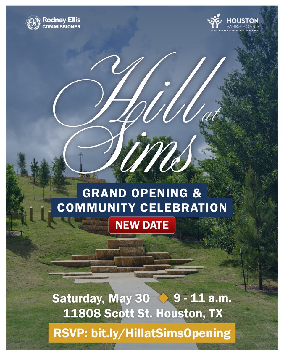 RodneyEllis's tweet photo. ‼️ NEW DATE ‼️ Due to inclement weather conditions, the grand opening and community celebration for Hill at Sims Park is rescheduled for Saturday, May 30. 
 
I was born and raised in Sunnyside, and for far too long, families in this community have gone without access to the kind of quality greenspace other neighborhoods take for granted. Hill at Sims changes that. 
 
🌳 This is the only major greenspace in or around Sunnyside — a 100-acre park that transforms flood control infrastructure into a place for recreation, connection, and community. 
 
Shaped by the community and built to serve it for generations, the park includes: 
🚲 4.5 miles of new hike-and-bike trails 
🧺 Accessible gathering spaces 
🏙️ Scenic overlook areas with panoramic views 
🌉 A pedestrian and bicycle bridge 
🎣 A water access pier 
🎨 Vibrant murals  
... all while continuing to provide critical flood protection for surrounding neighborhoods. 
 
Come out for a morning of family-friendly activities, community resources, and time spent together outdoors. 
 
This is your park, and we can’t wait to celebrate it with you! 
 
📅 Saturday, May 30 
⏰9 — 11 a.m. 
🔗 RSVP now: https://t.co/9mCwoZ5r36
