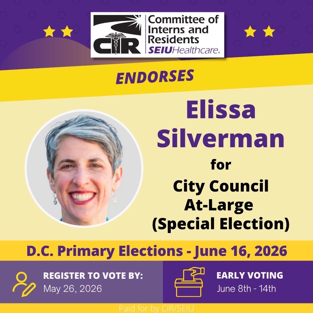 cirseiu's tweet photo. CIR members are endorsing Elissa Silverman!

Elissa has stood with CIR members during her previous tenure on City Council, including supporting resident physicians at Howard Hospital in winning our first union. We’re looking forward to working with this healthcare champion again! https://t.co/ZH0SsEzJNl