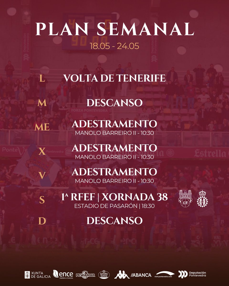 PontevedraCFSAD's tweet photo. 𝐏𝐋𝐀𝐍 𝐒𝐄𝐌𝐀𝐍𝐀𝐋 | Día de descanso 𝑭𝑰𝑺𝑰𝑪𝑶 𝑬 𝑴𝑬𝑵𝑻𝑨𝑳 para os nosos 🧠💪

Mañá voltamos coas enerxías renovadas para preparar o partido deste sábado ante o @RealAvilesInd ⚔️

#𝐆𝐑𝐀𝐍𝐀𝐓𝐄 ♥️
#PrimeraFederacion | #VersusELearning https://t.co/S8rZSvg40g
