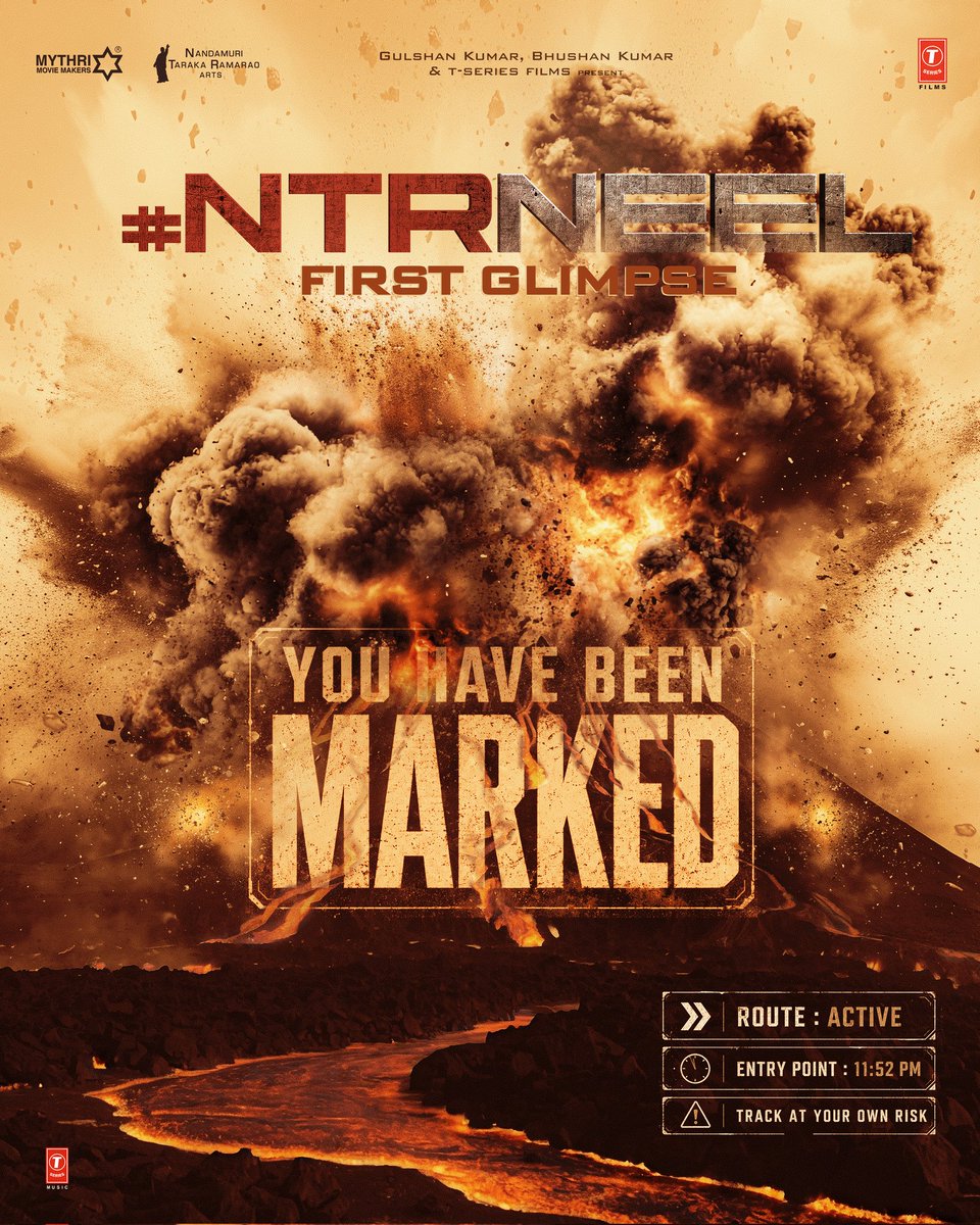 NTRArtsOfficial's tweet photo. This is your warning before the madness begins ⚠️🌋

#NTRNeel First Glimpse today at 11:52 PM. 

MAN OF MASSES @tarak9999 #PrashanthNeel @ravibasrur @MythriOfficial @NTRNeelFilm @TSeries https://t.co/wYp5OoZh92
