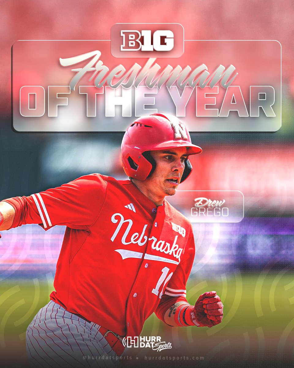 HurrdatSports's tweet photo. Drew Grego is the Big Ten Freshman of the Year 🏆

Through 48 games, Grego owns a .348 batting average with seven homers and 44 RBI. The Papillion, Nebraska native ranks among Nebraska’s leaders in slugging percentage (.576), on-base percentage (.444), and batting average. In the outfield, he has yet to commit an error in 93 chances.