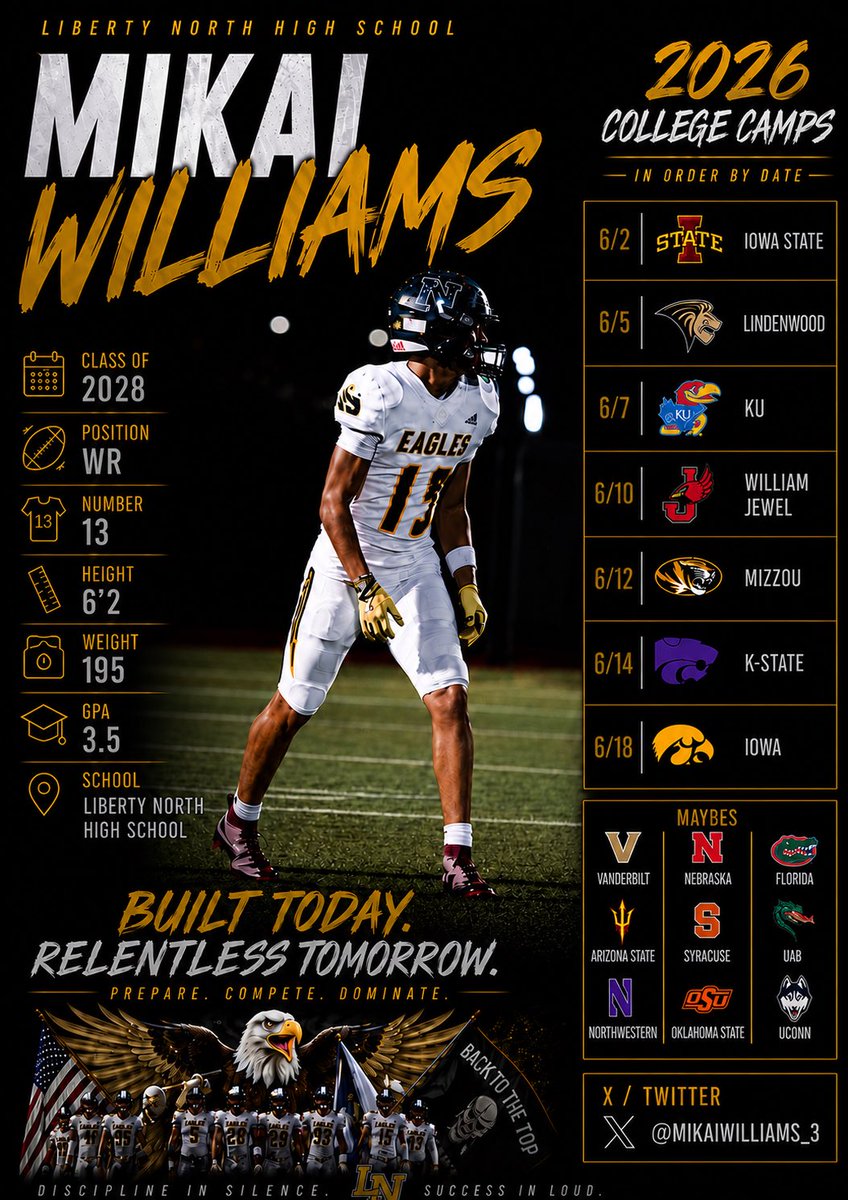 mikaiwilliams_3's tweet photo. 2026 Camp schedule‼️ @ISURogers3 @CoachSherms @KFlahertyKU @BillyBonneau @CoachYounger14 @MattFrench23 @CoachBufordJ @spedbraet @CoachKrueger3 @RhettSmeins @AllenTrieu @JPRockMO @CoachALierman @KUCoachZ @RickyCiccone @hjacobs67 https://t.co/SJJLKolTrL