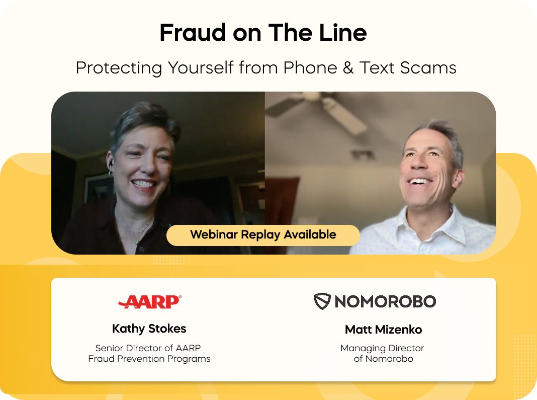 nomorobo's tweet photo. Yesterday, Nomorobo teamed up with AARP for Fraud on the Line, a webinar about today’s robocalls, scam texts, AI impersonation, and phone based fraud.

Missed it live? The replay is now available here: https://t.co/aQBbOJWrrl https://t.co/XhBrmR8dF7