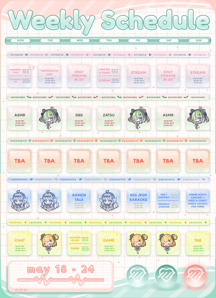 VirtualDere's tweet photo. 【💗WEEKLY SCHEDULE MAY 18/26💗】

Are you curious about Japan? 🇯🇵🍙Check out Illus:eon's streams this week for  Japanese learning with Hani and Ramen-Talk or 90s Jpop Karaoke with Alpha!

V-Dere... BEAM!!! 🩷🧡💛💚💙 https://t.co/LeqPom5q7u