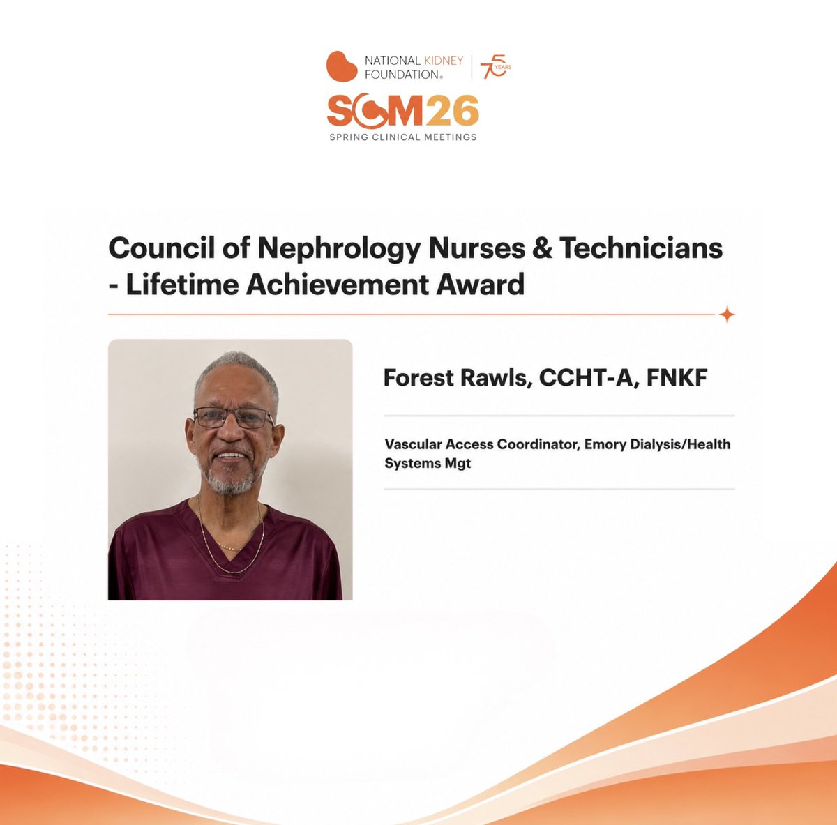 ASDINNews's tweet photo. Congratulations to Forest Rawls, CCHT-A, FNKF, recipient of the Council of Nephrology Nurses &amp; Technicians Lifetime Achievement Award at the NKF Spring Clinical Meetings!

Join us in celebrating this well-deserved honor! 👏

Learn more: https://t.co/WfN9RzUBt1 https://t.co/2SBj0CjlFU