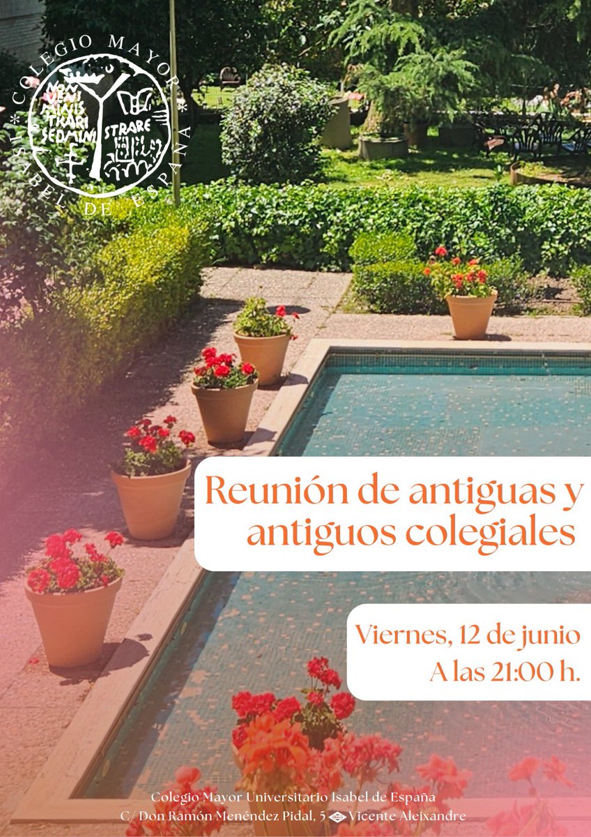 CMU_Isabel's tweet photo. El viernes 12 de junio, tendrá lugar la reunión de antiguas y antiguos colegiales en nuestro Mayor.
Será una ocasión para volver a coincidir, compartir recuerdos de la etapa en el Isabel de España y pasar un rato agradable entre quienes formasteis parte de esta comunidad. https://t.co/jXOL0cWBrI