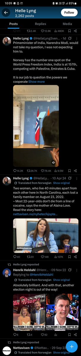 VU3DMF's tweet photo. Here is @HelleLyngSvends's TL. She made a tweet on PM Modi after 768 days. Her last tweet was on 10th April 2024. What kind of active journalist she is who are giving lectures on press freedom? Coincidentally she is following @thewire_in &amp; @RanaAyyub.
#NarendarModi #Norway https://t.co/HS4FCzFpOs