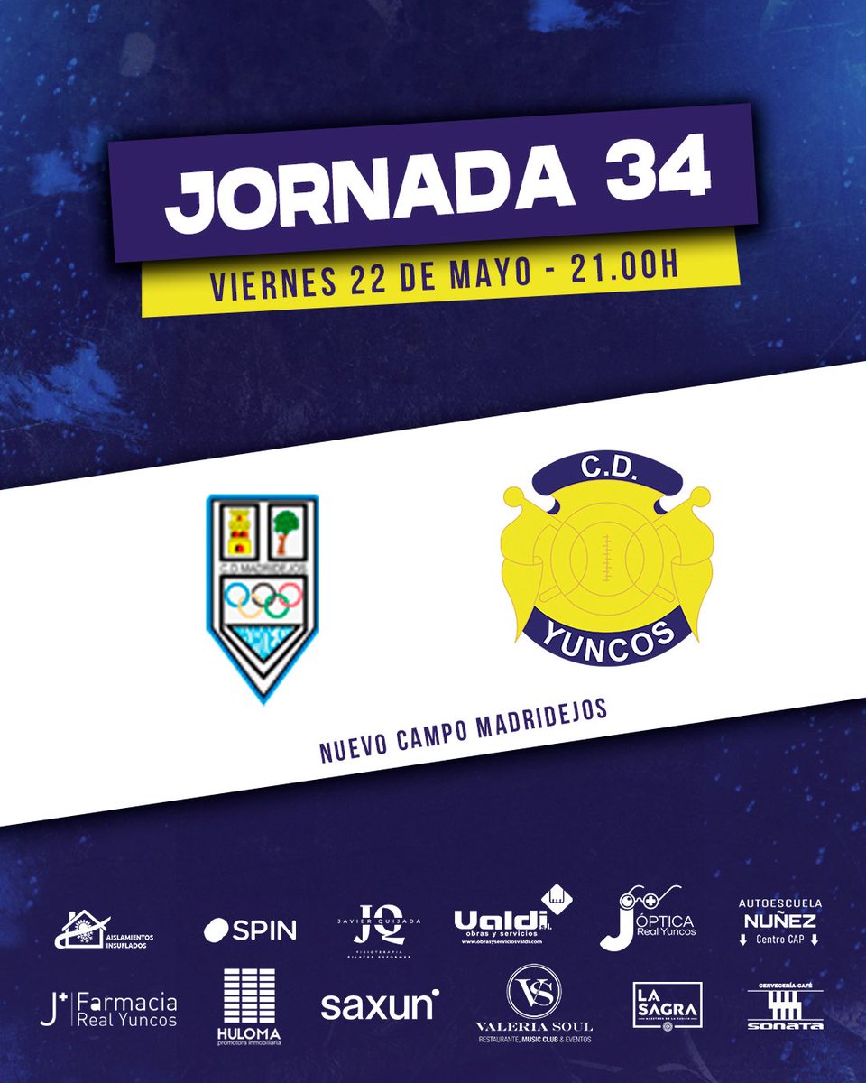CdYuncosoficial's tweet photo. Jornada 34 | Preferente ⬇️

🗓️ Viernes 22 de Mayo - 21.00h
📍 Nuevo Campo Madridejos
➡️ @CDMadridejos_Of 

#vamosyuncos💛💙💛 https://t.co/pj448XwOLN